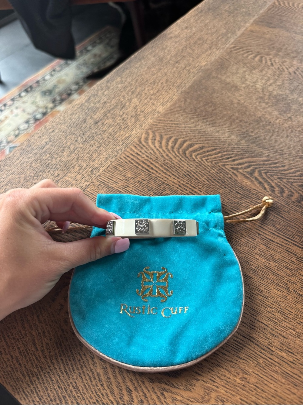 White Rustic Cuff  Bracelet with silver embroidery accents and Turquoise Pouch